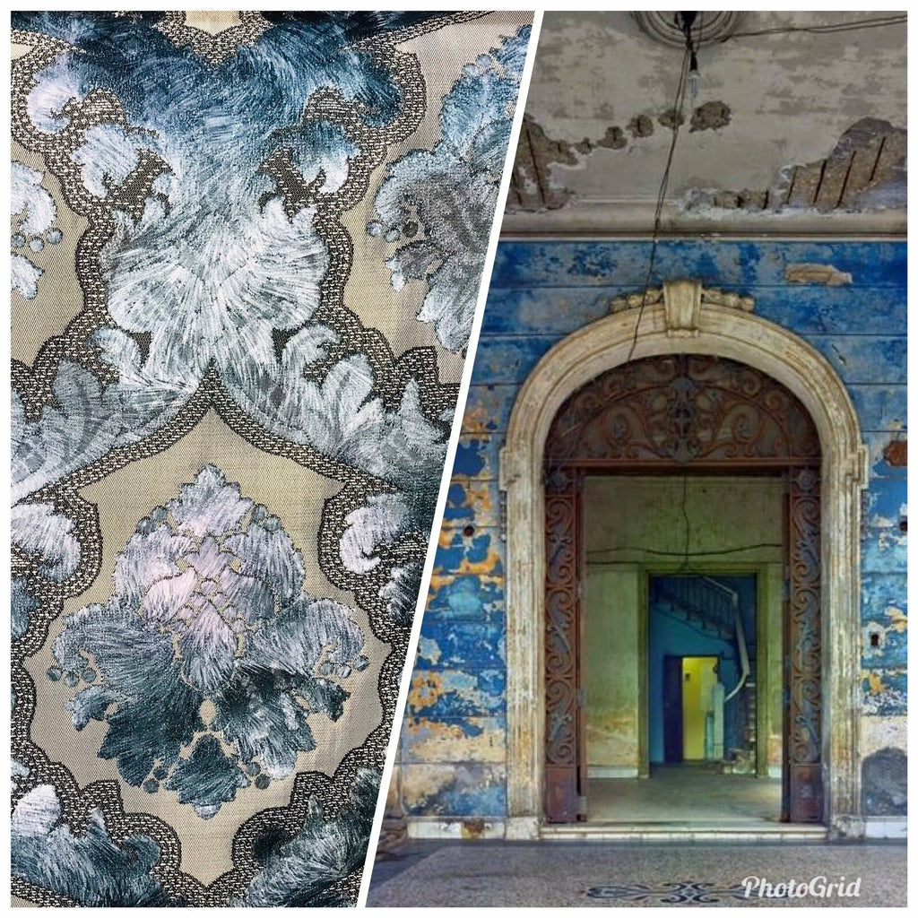 King Zachary Designer Italian Burnout Damask Chenille Velvet Fabric- Blue - Upholstery - Fancy Styles Fabric Pierre Frey Lee Jofa Brunschwig & Fils