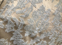 Lady Janet Designer Damask Burnout Chenille Velvet Fabric - Aqua-Gray Beige - Fancy Styles Fabric Pierre Frey Lee Jofa Brunschwig & Fils