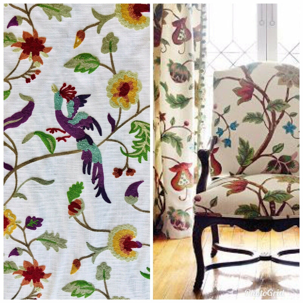 Novelty Crewel Birds Floral Embroidery Linen Inspired Fabric Upholstery Costume Drapery - Fancy Styles Fabric Pierre Frey Lee Jofa Brunschwig & Fils