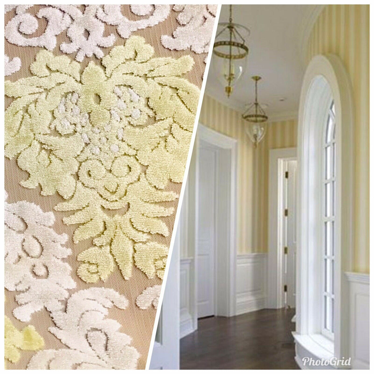 Sir Mason Novelty Italian Burnout Damask Chenille Upholstery Velvet Fabric Yellow Cream - Fancy Styles Fabric Pierre Frey Lee Jofa Brunschwig & Fils
