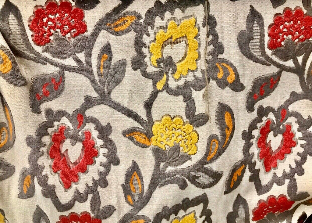 NEW Novelty Belgium Burnout Chenille Velvet Fabric Upholstery- Yellow Red Floral - Fancy Styles Fabric Pierre Frey Lee Jofa Brunschwig & Fils