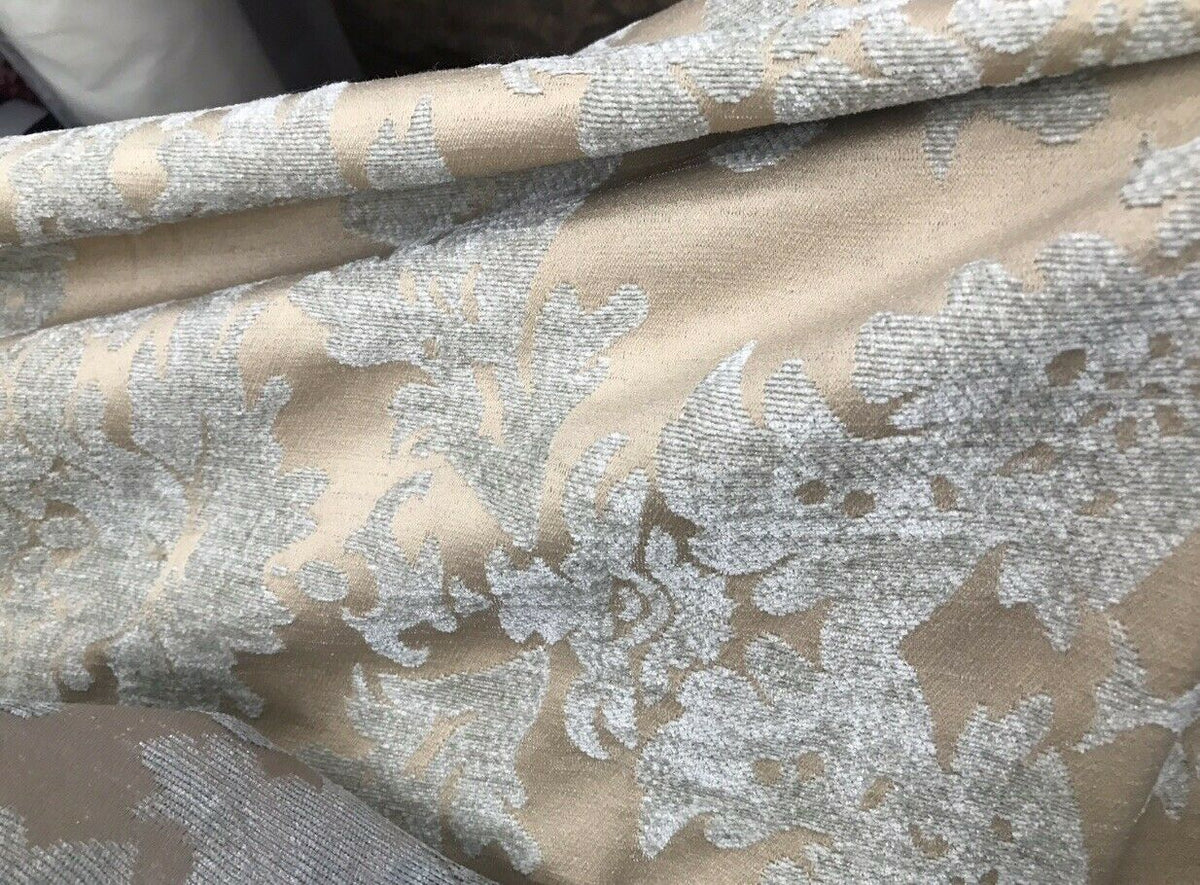Lady Janet Designer Damask Burnout Chenille Velvet Fabric - Aqua-Gray Beige - Fancy Styles Fabric Pierre Frey Lee Jofa Brunschwig & Fils