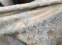 Lady Janet Designer Damask Burnout Chenille Velvet Fabric - Aqua-Gray Beige - Fancy Styles Fabric Pierre Frey Lee Jofa Brunschwig & Fils