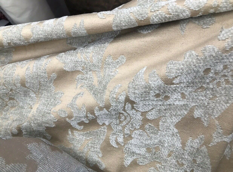 Lady Janet Designer Damask Burnout Chenille Velvet Fabric - Aqua-Gray Beige - Fancy Styles Fabric Pierre Frey Lee Jofa Brunschwig & Fils