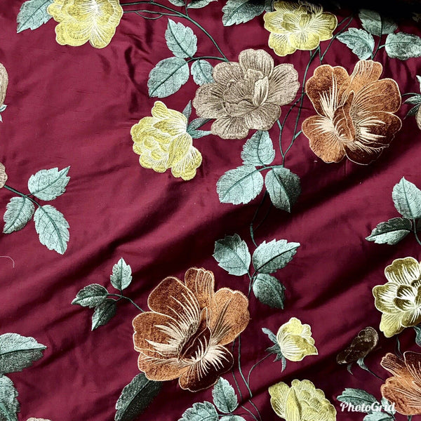 Back in Stock!  Duchess Seraphina 100% Silk Taffeta Embroidery Floral Fabric- Dark Red - Fancy Styles Fabric Pierre Frey Lee Jofa Brunschwig & Fils
