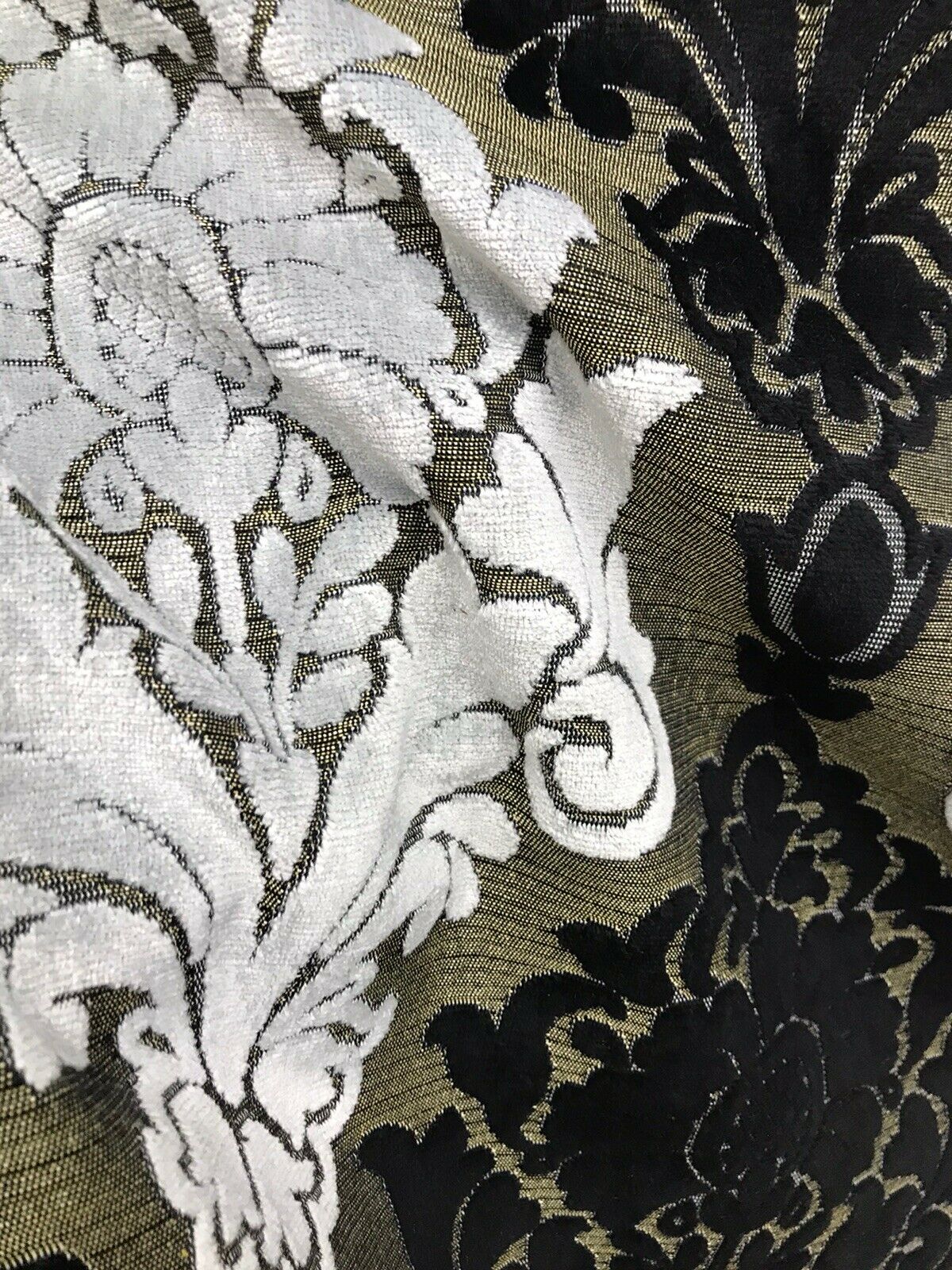 Prince John Designer Made In Italy Damask Chenille Velvet Fabric Upholstery-Black Gold White - Fancy Styles Fabric Pierre Frey Lee Jofa Brunschwig & Fils