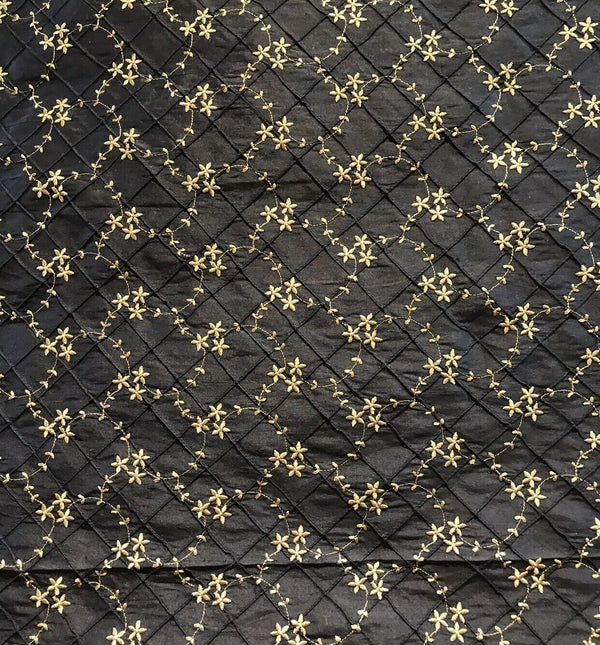 DEAL! Queen Elizabeth 100% Silk Dupioni Embroidered Quilted Floral Fabric- Black Gold - Fancy Styles Fabric Pierre Frey Lee Jofa Brunschwig & Fils