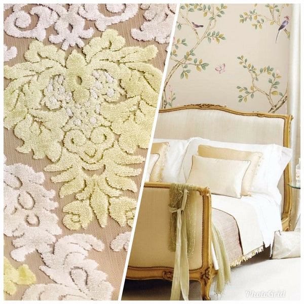 Sir Mason Novelty Italian Burnout Damask Chenille Upholstery Velvet Fabric Yellow Cream - Fancy Styles Fabric Pierre Frey Lee Jofa Brunschwig & Fils