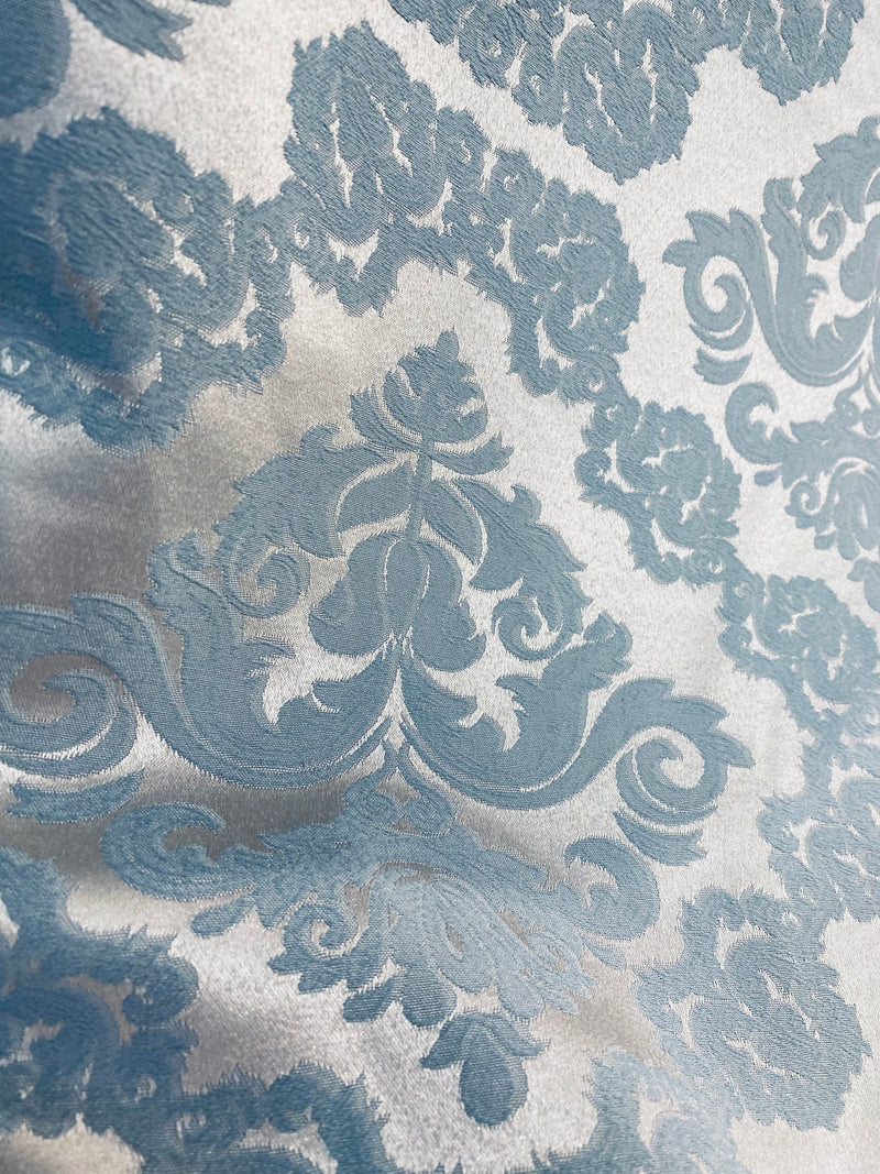 NEW King Pelmar Antique Inspired Eggshell Silver Blue Satin Brocade Upholstery Fabric