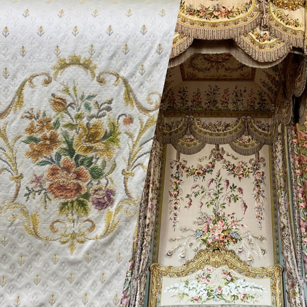NEW Queen Marie Novelty Ritz Neoclassical Brocade Medallion Floral Satin Fabric - Ivory - Fancy Styles Fabric Pierre Frey Lee Jofa Brunschwig & Fils