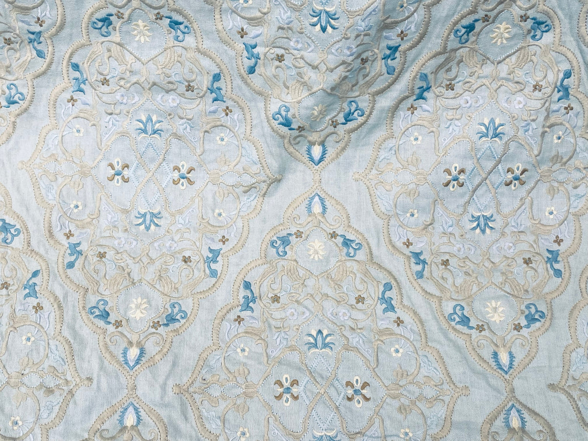 NEW! SALE! Scalamandre 100% Linen Medallion Embroidered Fabric Blue - Fancy Styles Fabric Pierre Frey Lee Jofa Brunschwig & Fils