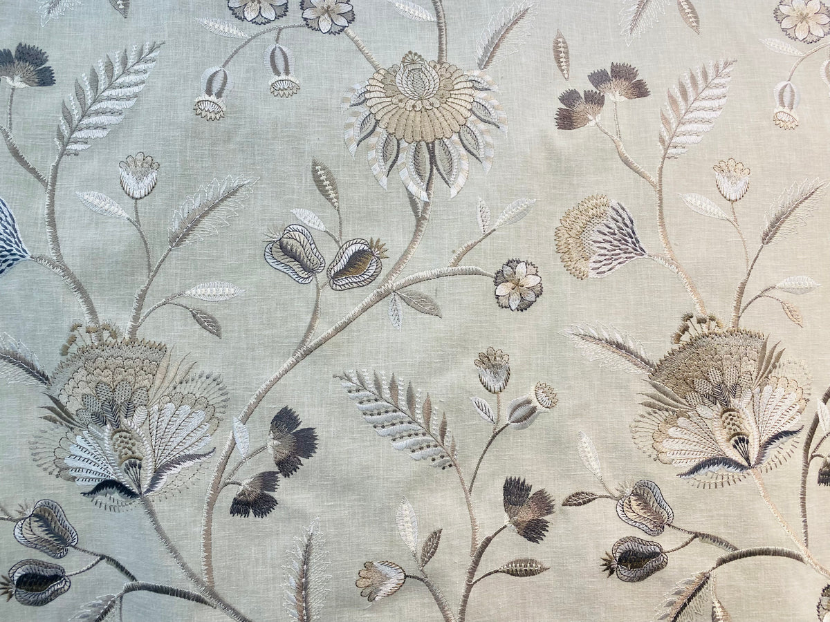NEW! Lady Celina Novelty Embroidered 100% Cotton Fabric Taupe Natural and Cream - Fancy Styles Fabric Pierre Frey Lee Jofa Brunschwig & Fils