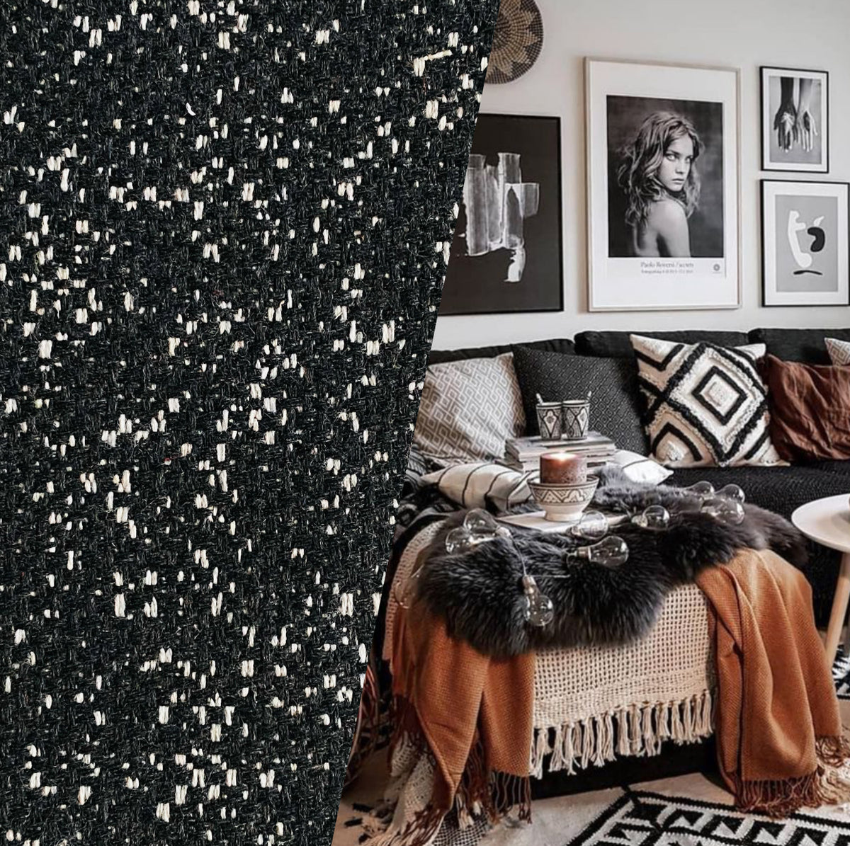 New! SUNBRELLA Tweeds Raven Black and White Water Repellent Indoor Outdoor Fabric - Fancy Styles Fabric Pierre Frey Lee Jofa Brunschwig & Fils
