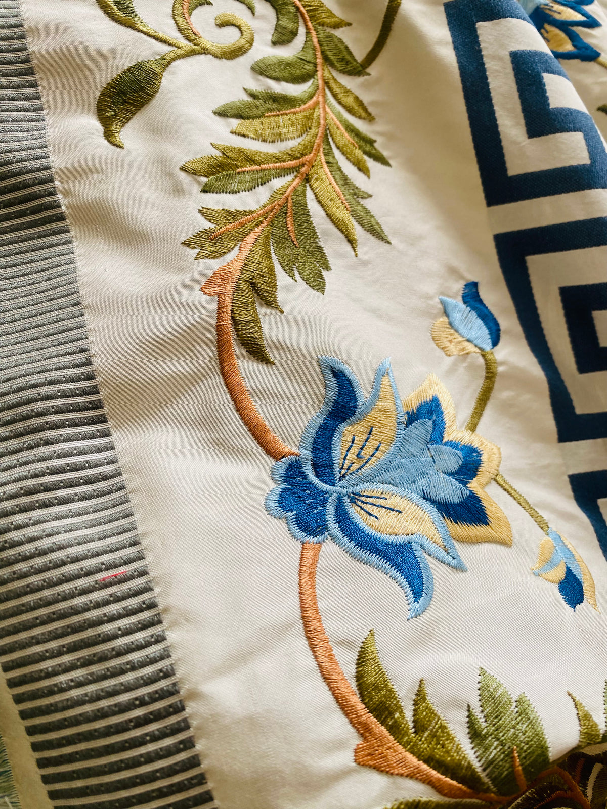 NEW Prince Greco Novelty Embroidered 100% Silk Taffeta Fabric Blue and White - Fancy Styles Fabric Pierre Frey Lee Jofa Brunschwig & Fils