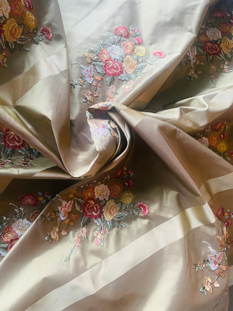 App Sale: Queen Lamara 100% Silk Taffeta Gold with Floral Embroidery Fabric and Satin Ribbon Stripes