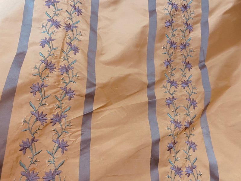 NEW Duchess Adele Designer 100% Silk Taffeta Ribbon Stripe Embroidered Floral Fabric in Peach and Lavender