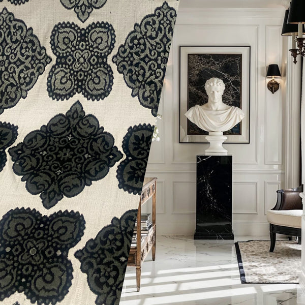King Jador Designer Medallion Damask Velvet Fabric Upholstery-Dark Grey, Black and White - Fancy Styles Fabric Pierre Frey Lee Jofa Brunschwig & Fils