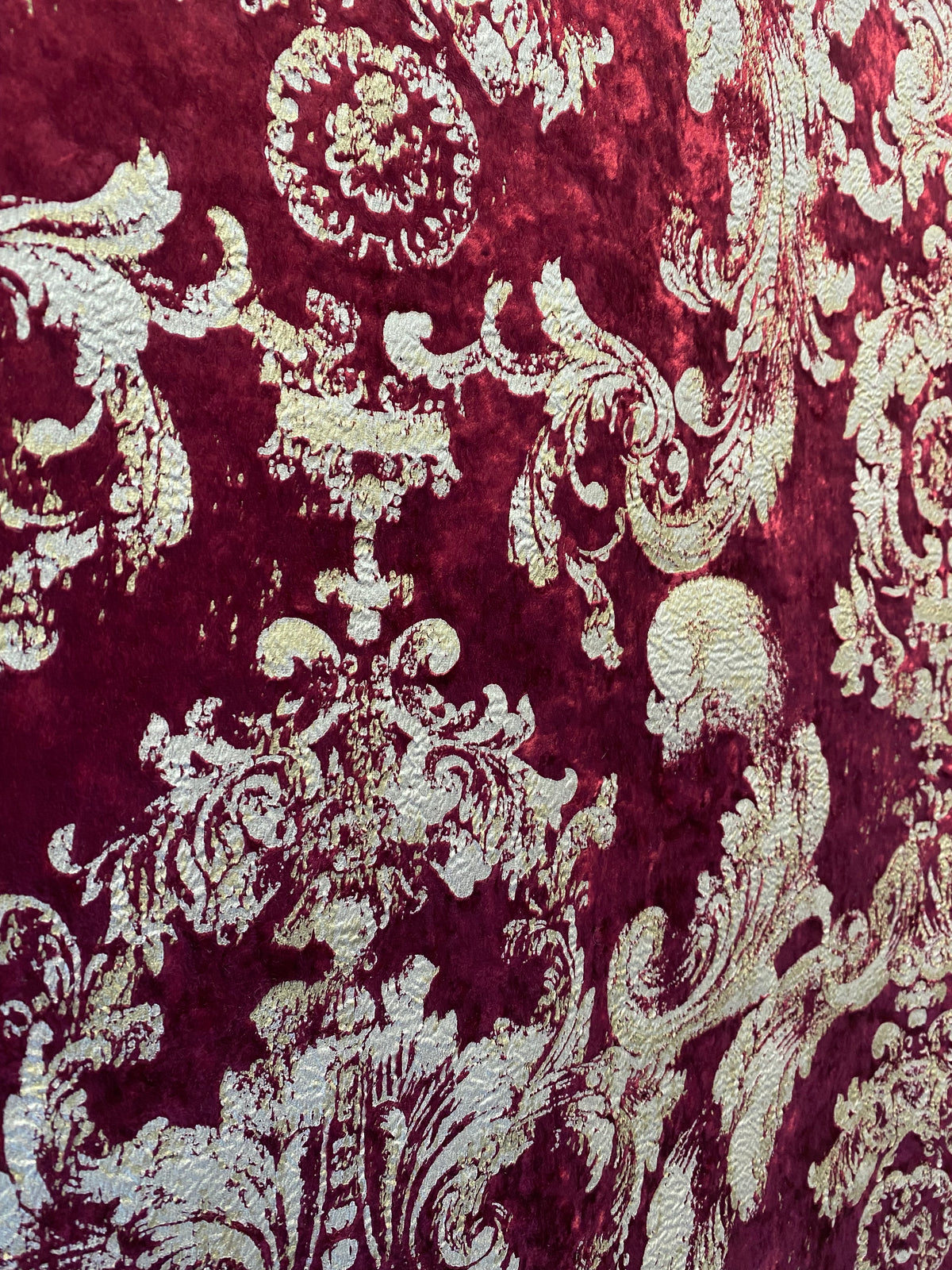 NEW COLOR! Queen Renee Burnout Antique Inspired Velvet Fabric Burgundy & Gold - Fancy Styles Fabric Pierre Frey Lee Jofa Brunschwig & Fils