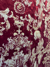 NEW COLOR! Queen Renee Burnout Antique Inspired Velvet Fabric Burgundy & Gold - Fancy Styles Fabric Pierre Frey Lee Jofa Brunschwig & Fils