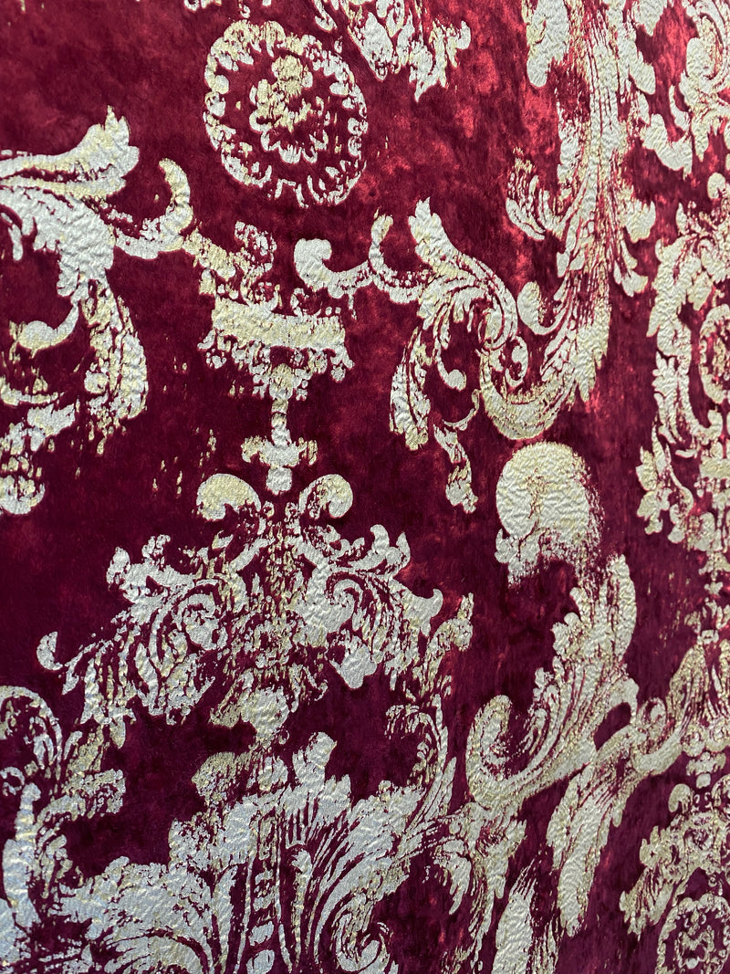 NEW COLOR! Queen Renee Burnout Antique Inspired Velvet Fabric Burgundy & Gold