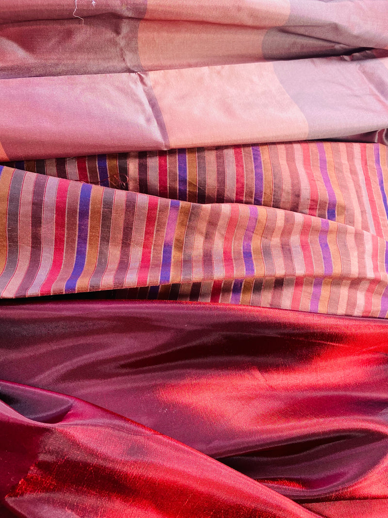 App Sale: $19 Mystery Bundle Fabric 799- 23” x 55” Stripe Silk Taffeta Pink and Purple + 20” x 55” Duchess Roxanne Silk Dupioni Dusty Rose + 1 Yard Queen Unn Faux Silk Red