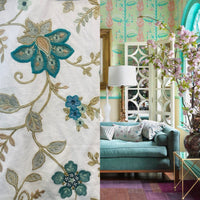 NEW! BACK IN STOCK! Lady Celina Novelty Embroidered 100% Cotton Fabric Turquoise Teal and White - Fancy Styles Fabric Pierre Frey Lee Jofa Brunschwig & Fils