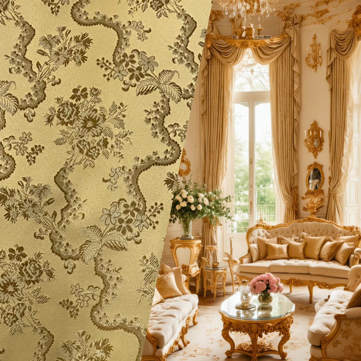NEW SALE Princess Hailey Designer Brocade Satin Fabric- Antique Yellow Gold Floral Medallion - Fancy Styles Fabric Pierre Frey Lee Jofa Brunschwig & Fils