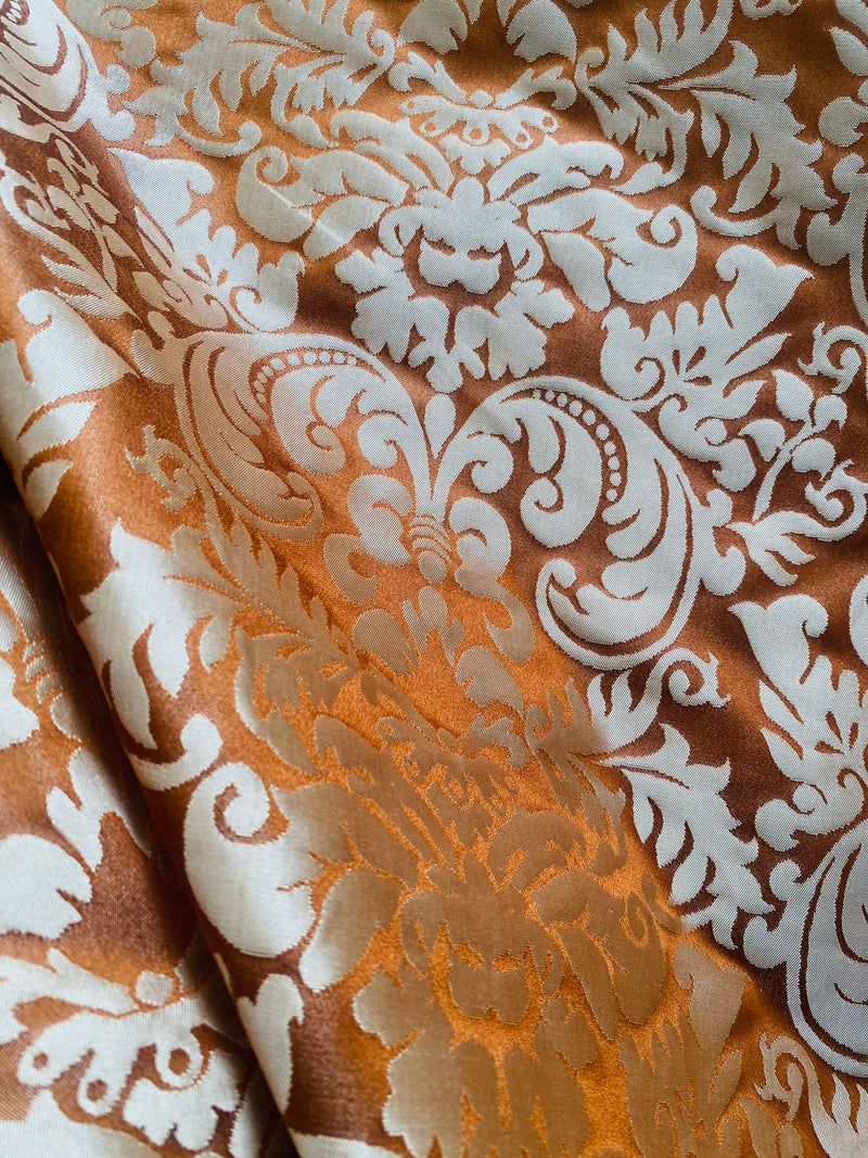 NEW Queen Lauper 100% Silk Jacquard Novelty Neoclassical Floral Damask Matte Satin Brick Red and Gold Jacquard Drapery Fabric