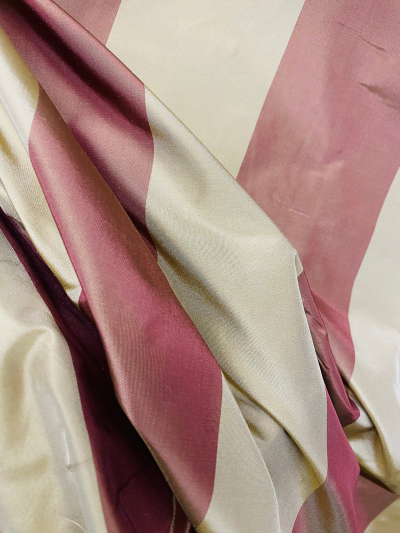 NEW Lady La 100% Silk Taffeta Fabric with 3” Faded Red and Gold Stripes
