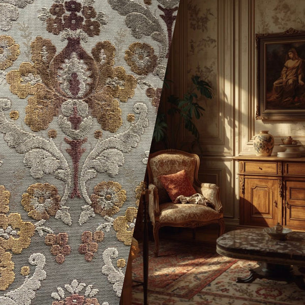 NEW! Duke Napoli Designer Venetian Italian Burnout Medallion Chenille Velvet Gold Taupe Fabric Upholstery Style# HG10007 - Fancy Styles Fabric Pierre Frey Lee Jofa Brunschwig & Fils