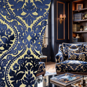 NEW! Sir Sanders Novelty Burnout Medallion Chenille Velvet Fabric - Indigo Navy Blue- Upholstery - Fancy Styles Fabric Pierre Frey Lee Jofa Brunschwig & Fils