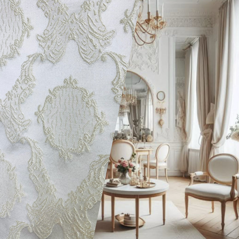 NEW! Duke Fiante Brocade Satin Fabric- White- Damask Upholstery Neoclassical Louis