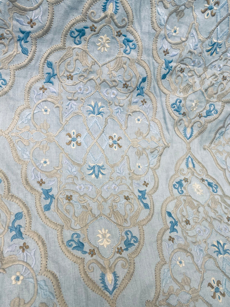 NEW! SALE! Scalamandre 100% Linen Medallion Embroidered Fabric Blue