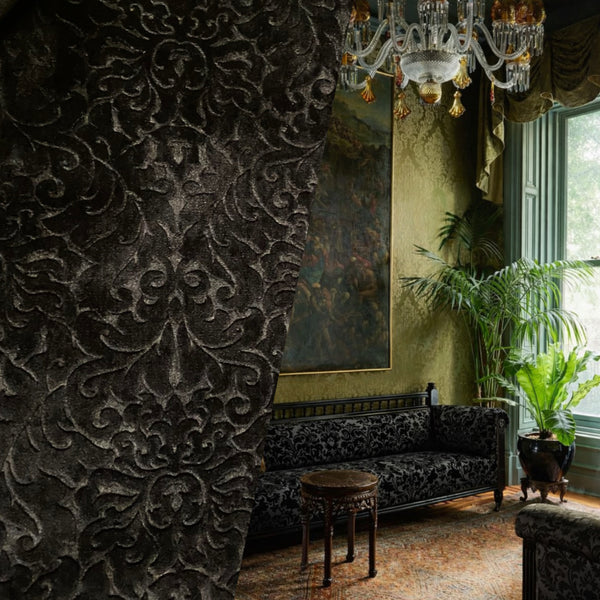 NEW! Prince Pang - Designer Italian Venetian Burnout Damask Cut Velvet Black Fabric Upholstery - Fancy Styles Fabric Pierre Frey Lee Jofa Brunschwig & Fils