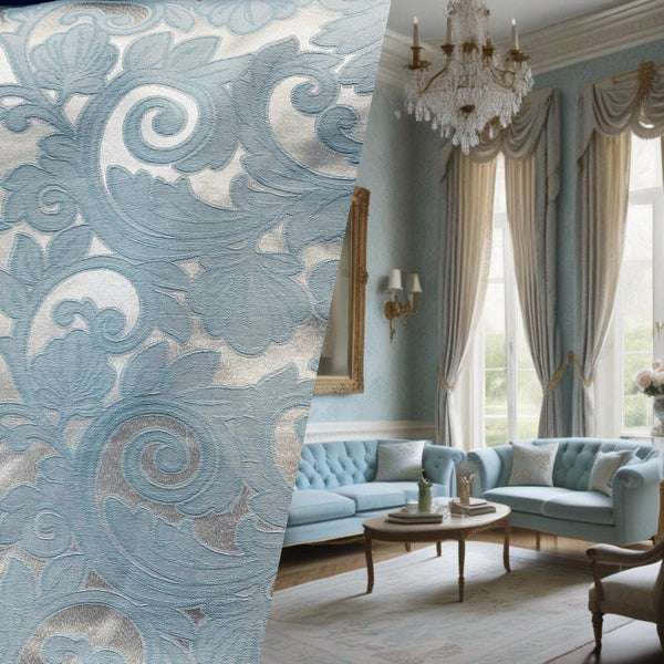 NEW King Belmar Antique Inspired Eggshell Silver Blue Satin Floral Upholstery Fabric - Fancy Styles Fabric Pierre Frey Lee Jofa Brunschwig & Fils