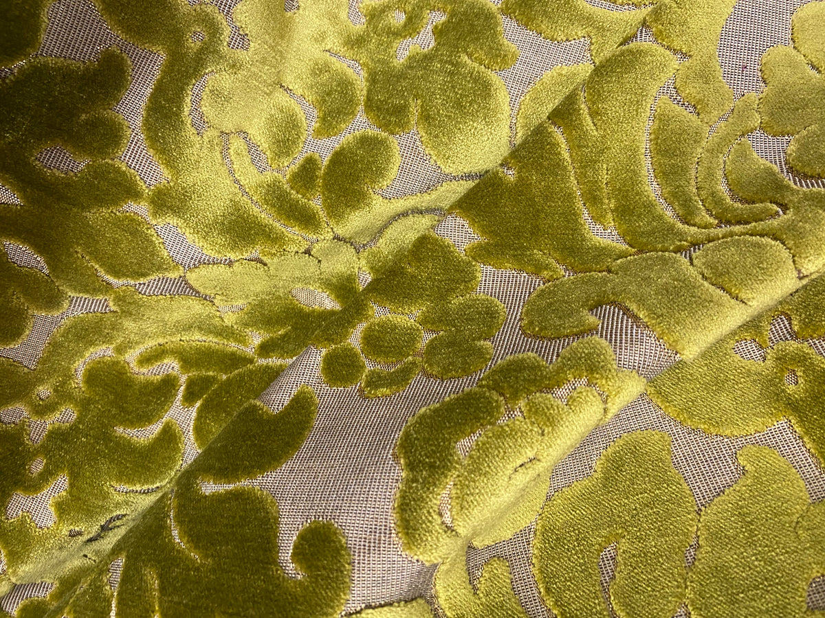 NEW! Princess Perma - LARGE REPEAT- Designer Italian Venetian Burnout Damask Velvet Yellow-Lime Chartreuse Fabric Upholstery - Fancy Styles Fabric Pierre Frey Lee Jofa Brunschwig & Fils
