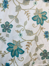 NEW! BACK IN STOCK! Lady Celina Novelty Embroidered 100% Cotton Fabric Turquoise Teal and White - Fancy Styles Fabric Pierre Frey Lee Jofa Brunschwig & Fils
