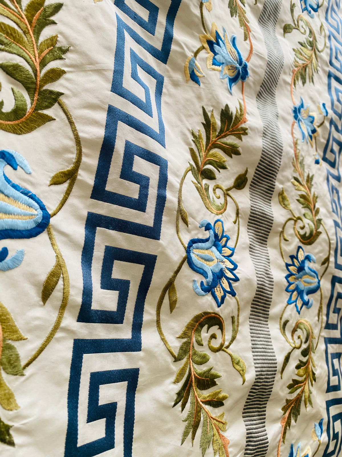 NEW Prince Greco Novelty Embroidered 100% Silk Taffeta Fabric Blue and White - Fancy Styles Fabric Pierre Frey Lee Jofa Brunschwig & Fils