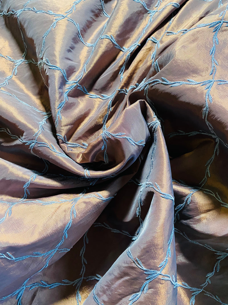 App Sale: Duchess Dragot Embroidered “Faux Silk” Fabric Peach Iridescence with Blue Diamonds