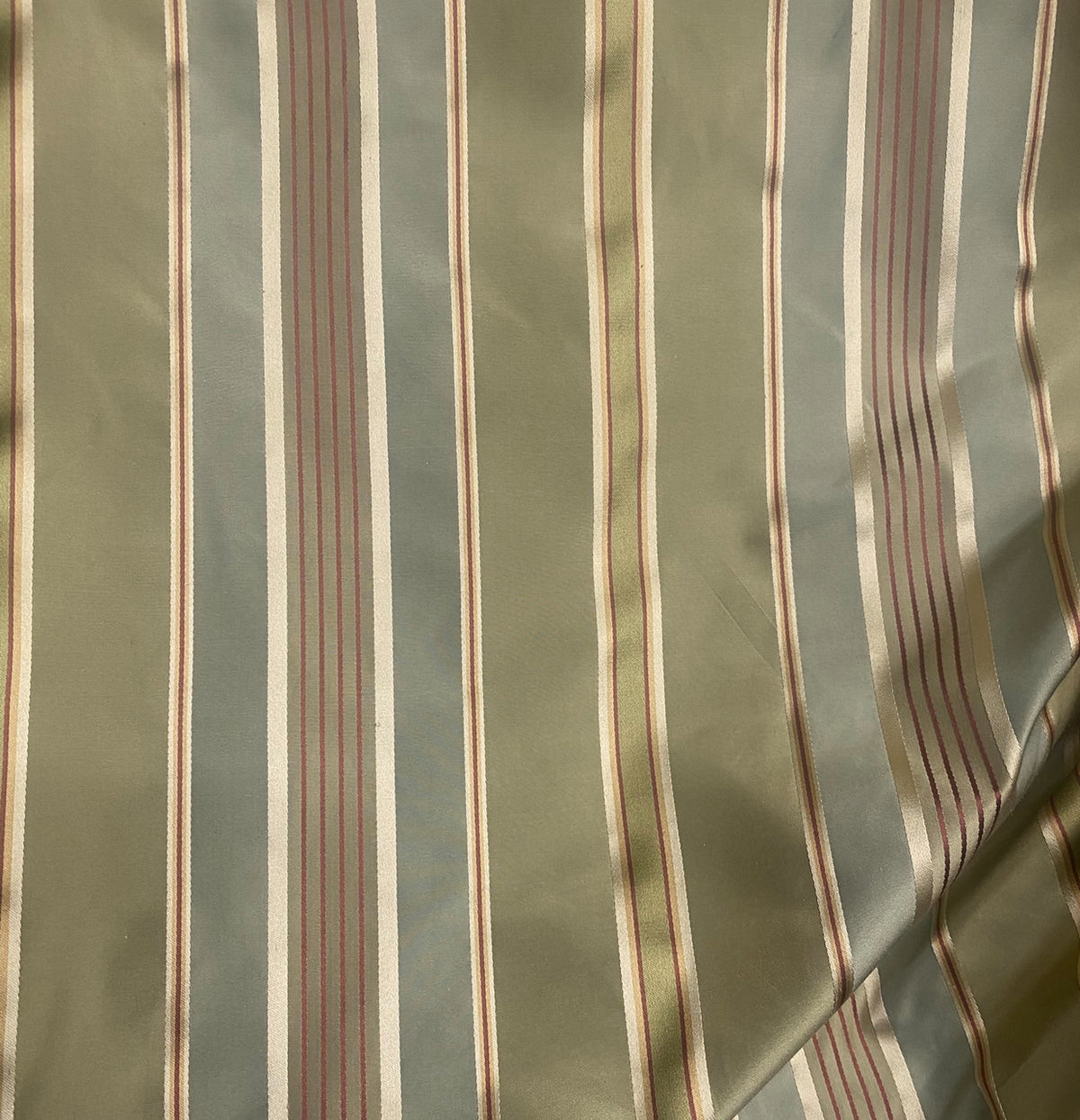 Queen Shante 100% Silk Taffeta Ribbon Stripes Fabric - Pistachio Green, Blue-Grey and Gold with Red Pinstripes - Fancy Styles Fabric Pierre Frey Lee Jofa Brunschwig & Fils