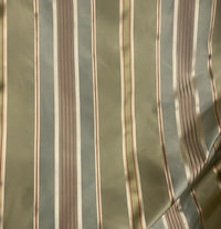 Queen Shante 100% Silk Taffeta Ribbon Stripes Fabric - Pistachio Green, Blue-Grey and Gold with Red Pinstripes - Fancy Styles Fabric Pierre Frey Lee Jofa Brunschwig & Fils