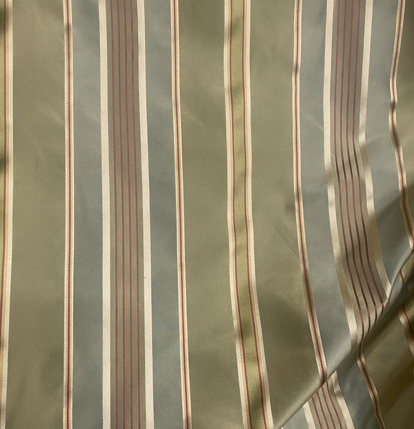 Queen Shante 100% Silk Taffeta Ribbon Stripes Fabric - Pistachio Green, Blue-Grey and Gold with Red Pinstripes - Fancy Styles Fabric Pierre Frey Lee Jofa Brunschwig & Fils