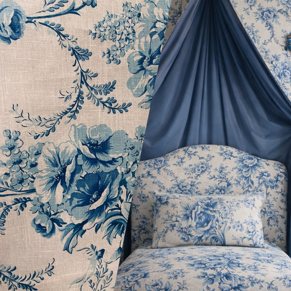 NEW! Queen Peppita Novelty 100% Linen Fabric Floral - Natural and Blue - Fancy Styles Fabric Pierre Frey Lee Jofa Brunschwig & Fils
