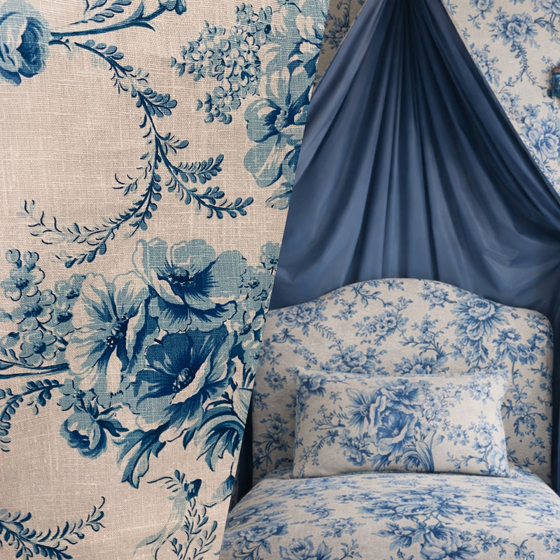 NEW! Queen Peppita Novelty 100% Linen Fabric Floral - Natural and Blue - Fancy Styles Fabric Pierre Frey Lee Jofa Brunschwig & Fils