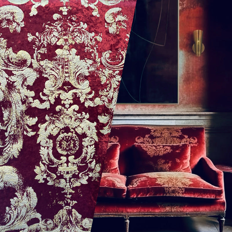NEW COLOR! Queen Renee Burnout Antique Inspired Velvet Fabric Burgundy & Gold
