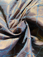 App Sale: Duchess Dragot Embroidered “Faux Silk” Fabric Peach Iridescence with Blue Diamonds