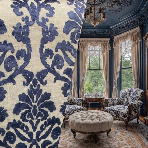 NEW! Sir Scotte Novelty Burnout Medallion Floral Velvet Fabric - Indigo Navy Blue- Upholstery - Fancy Styles Fabric Pierre Frey Lee Jofa Brunschwig & Fils