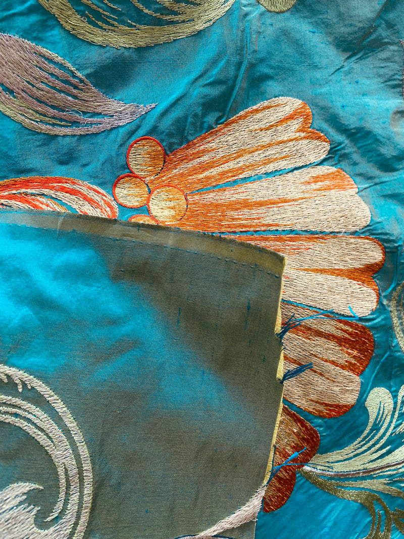NEW Queen Monique Novelty Floral Embroidered 100% Silk Fabric in Turquoise