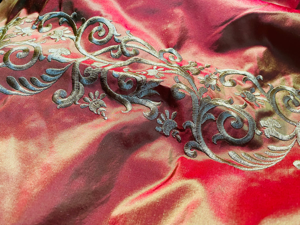 NEW Queen Challance 100% Silk Taffeta Fabric - Embroidered- Fire Red Iridescence - Fancy Styles Fabric Pierre Frey Lee Jofa Brunschwig & Fils