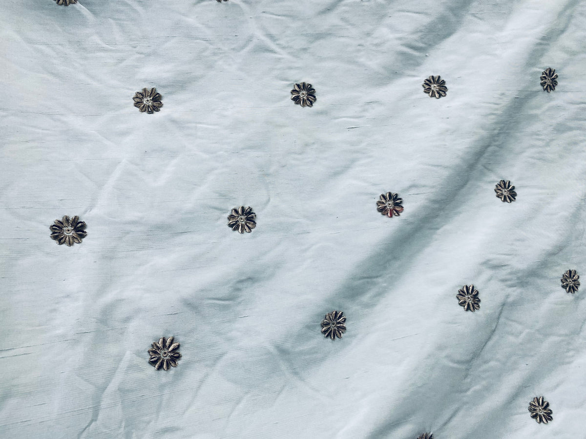 NEW! SALE! Lady Margaret 100% Silk Dupioni Taffeta Fabric- Velvet Grey Embroidery Floral -Light Blue - Fancy Styles Fabric Pierre Frey Lee Jofa Brunschwig & Fils